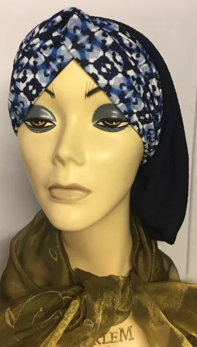 Blue Black Snood Hijab Tichel With Dark Navy Mix Front Headband