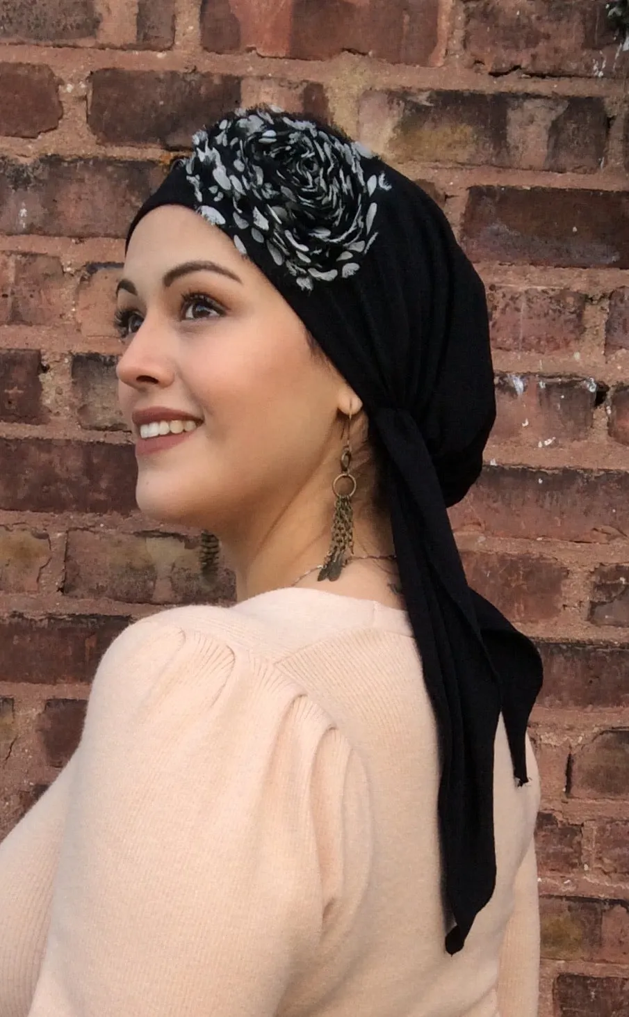 Hijab Hair Scarf Tichel Tie Back Hat Lycra Dressy Pre-Tied Scarf With Beautiful Floral Design | Made in USA