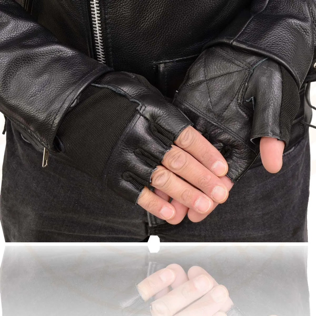 Milwaukee Leather MG7562 Men's Black Leather and Spandex Gel Padded Palm Fingerless Motorcycle Hand Gloves W/ Mesh Material