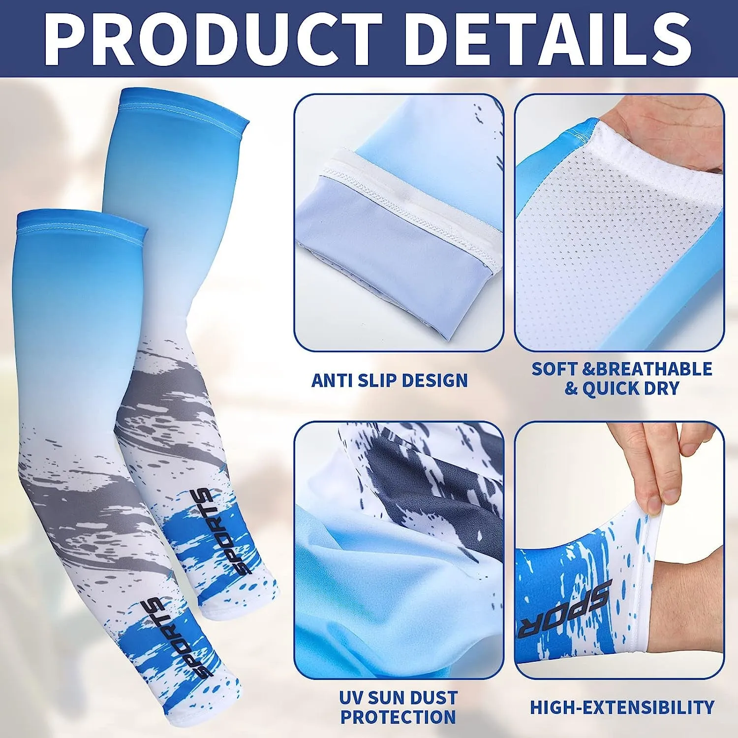 Newcotte 4 Pairs UV Sun Protection Arm Sleeves Cooling Sports Sleeve anti Slip Ice Silk Arm Warmers Arm Covers for Men Women