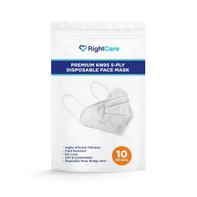 RightCare KN95 Protective Face Mask (Non-Medical) 99% Filter Efficiency 5-PLY mask with Ear Loops and Shapeable Nose Bridge, 10 Pack