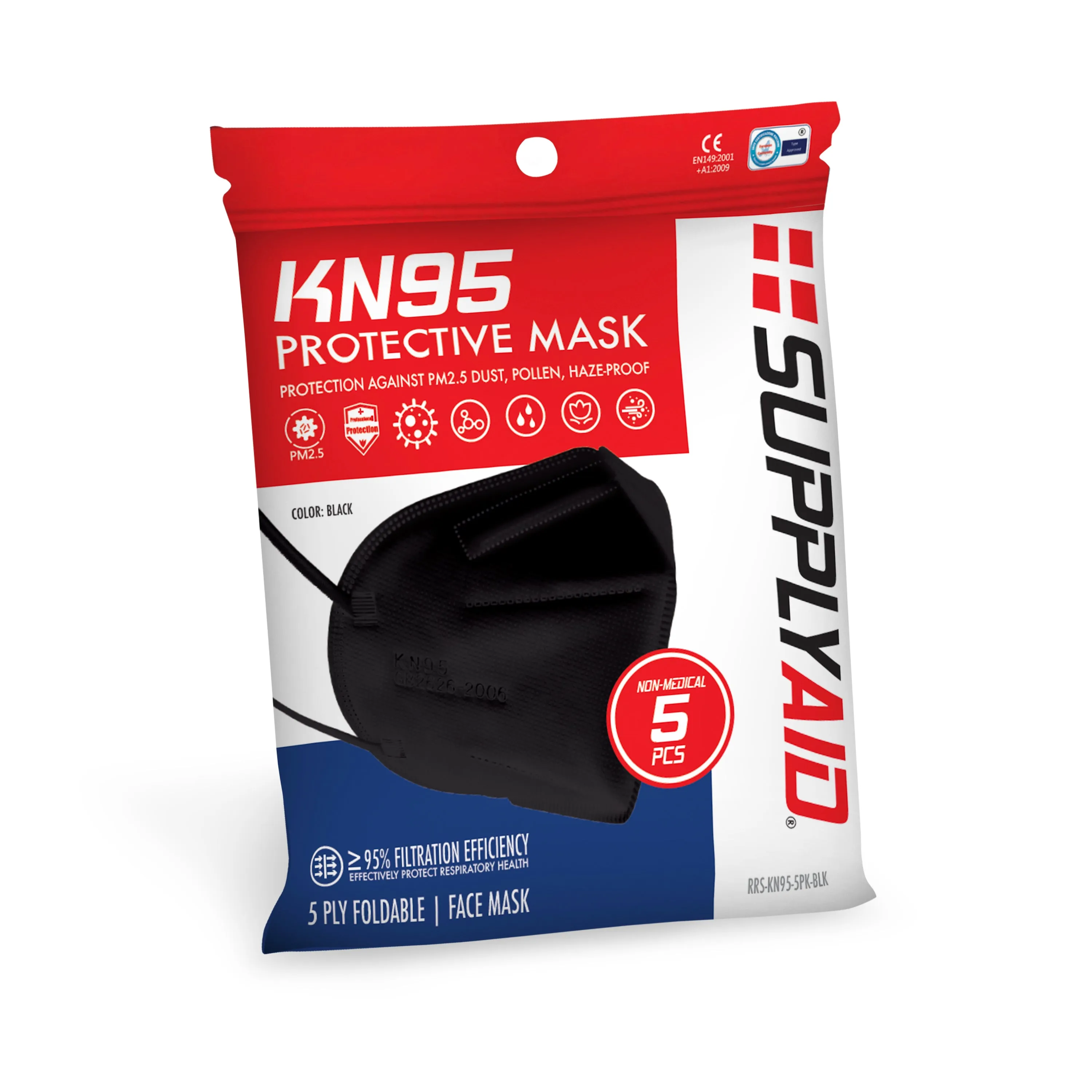 SupplyAID 25-Pack KN95 Protective Face Mask Bundle | GB2626 Standard (Black)