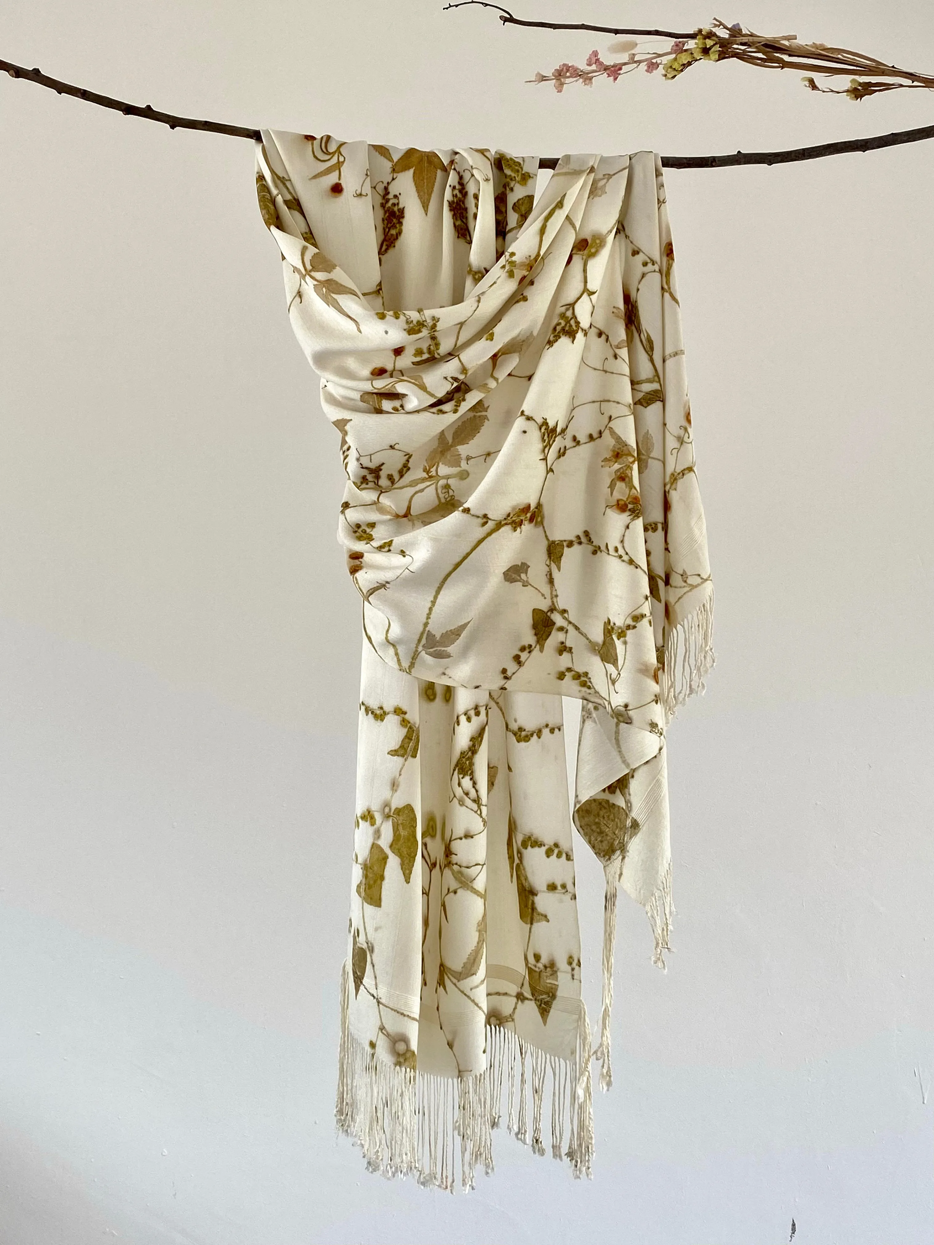 White Botanical Print Scarf | Indigenous Cotton | Handwoven & Naturally Dyed - 0020A-SY-HT