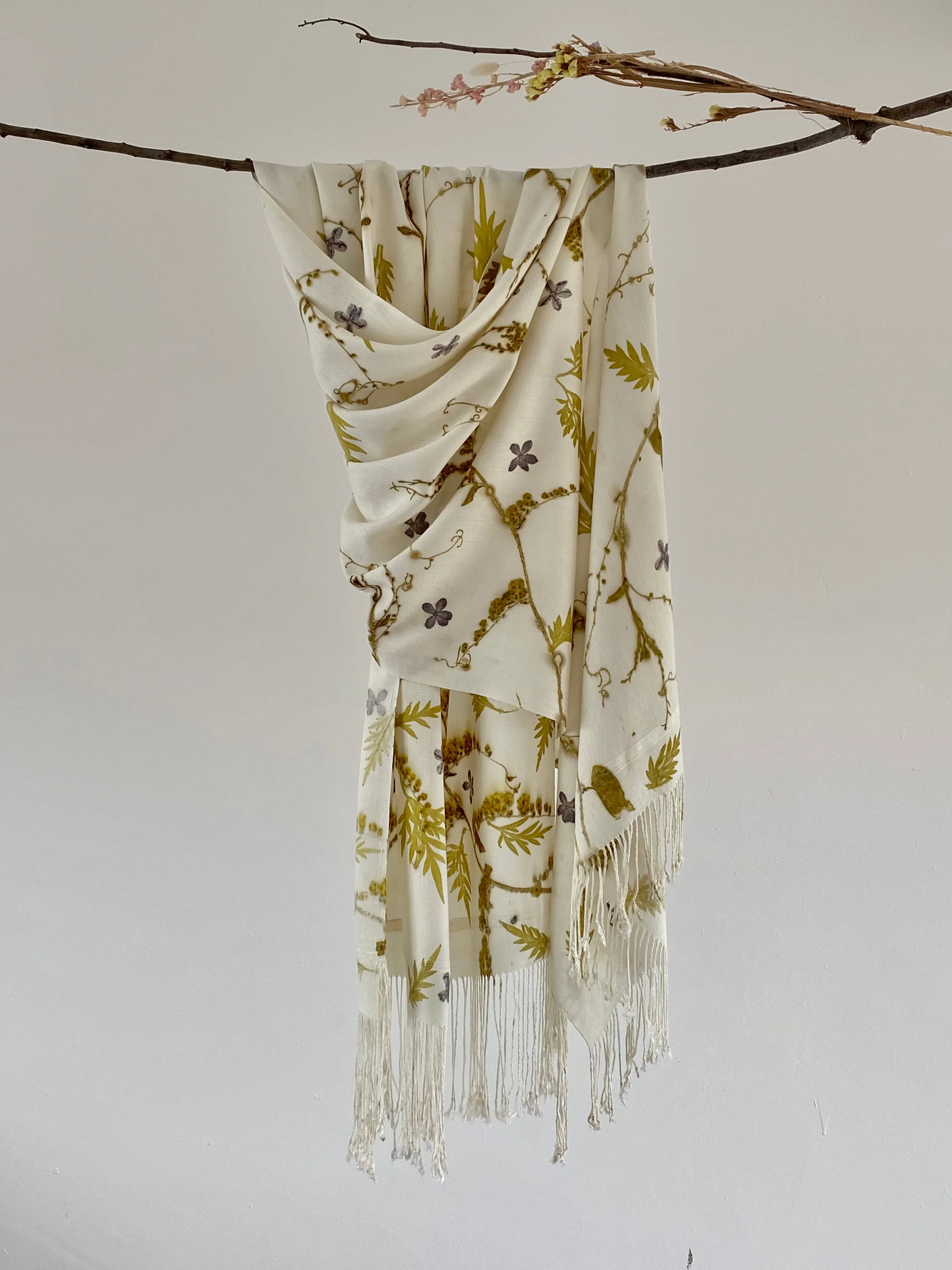 White Botanical Print Scarf | Indigenous Cotton | Handwoven & Naturally Dyed - 0020C-SY-HT